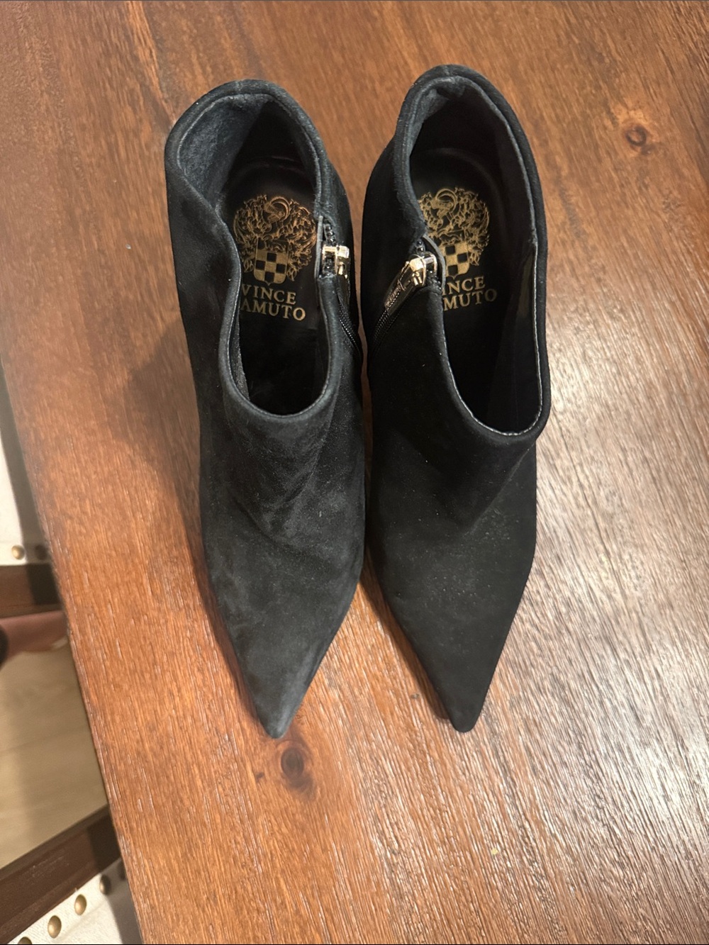 Vince Camuto Black Suede Pointed Toe Ankle Booties with Side Zip